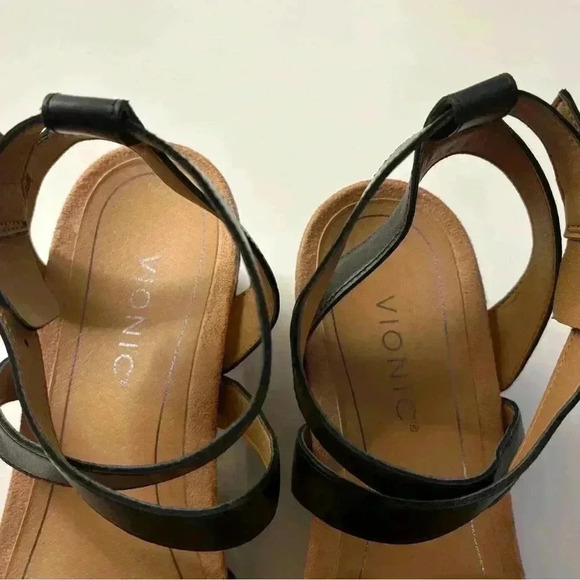 Vionic Clarisa Raffia Wedge Sandals Concealed Ortho Size 9 Black Leather - Picture 2 of 11